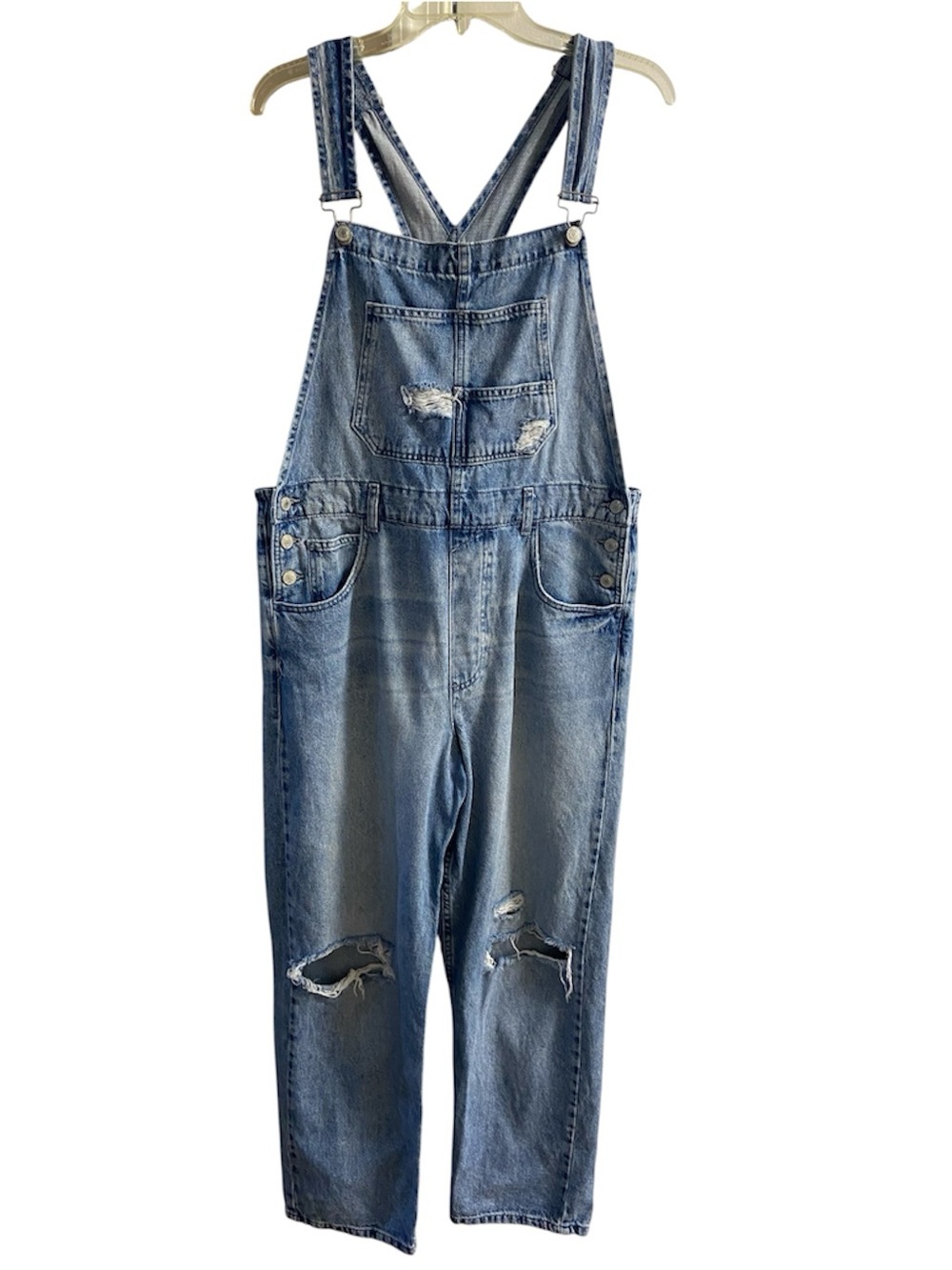 We The Free Women's Distressed Denim Overalls Ripped Medium Wash Jean Jumpsuit L